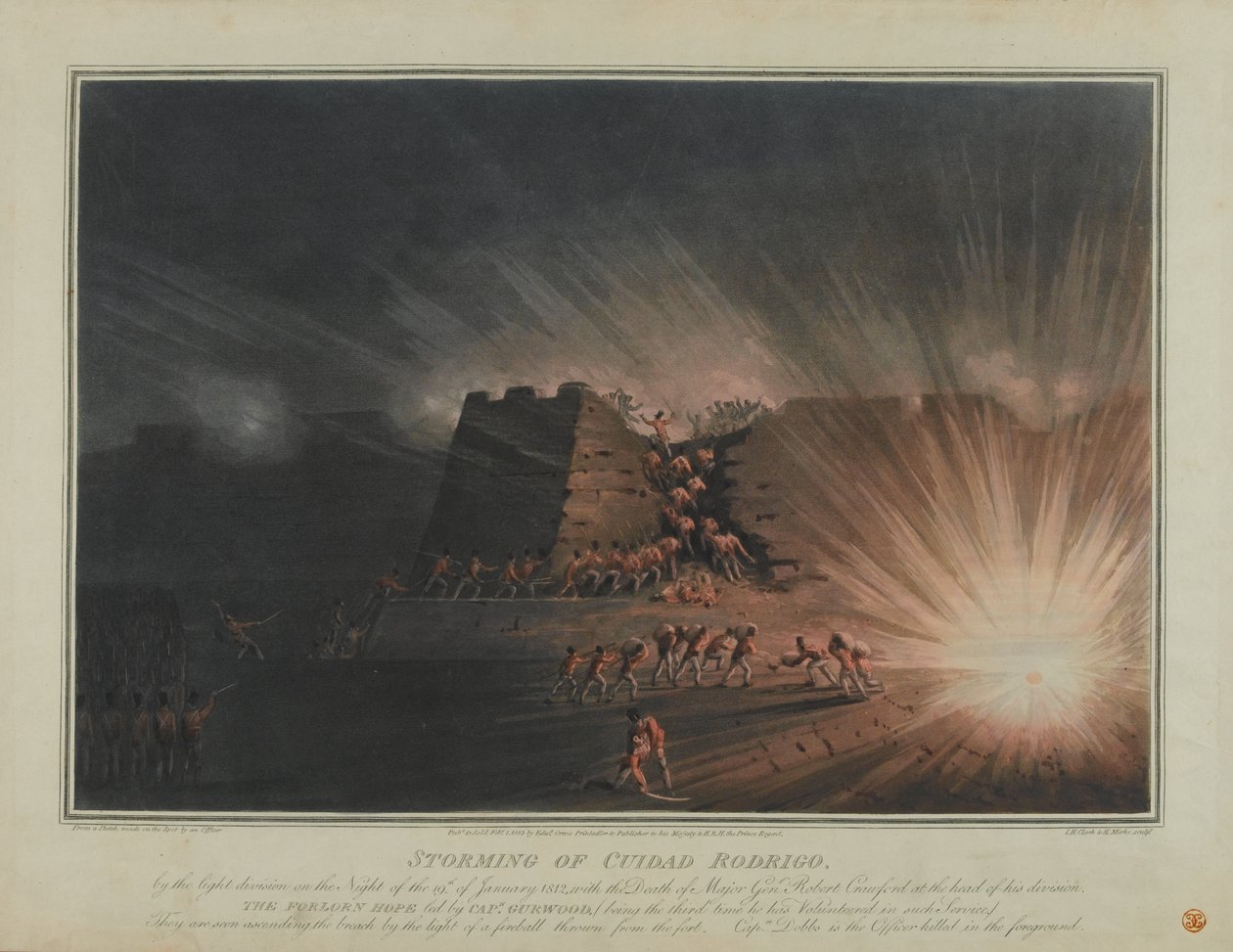 Tomada de Ciudad Rodrigo pela Divisão de Luz na noite de 19 de janeiro de 1812, gravada por JH Clark e H. Merke, publicada em fevereiro de 1815 (aquatinta colorida) de English School