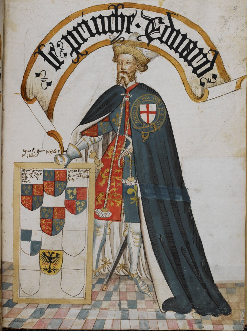 Stowe 594, f.14 Retrato de Eduardo, Príncipe de Gales [o Príncipe Negro], um Cavaleiro Fundador da Ordem da Jarreteira, do 