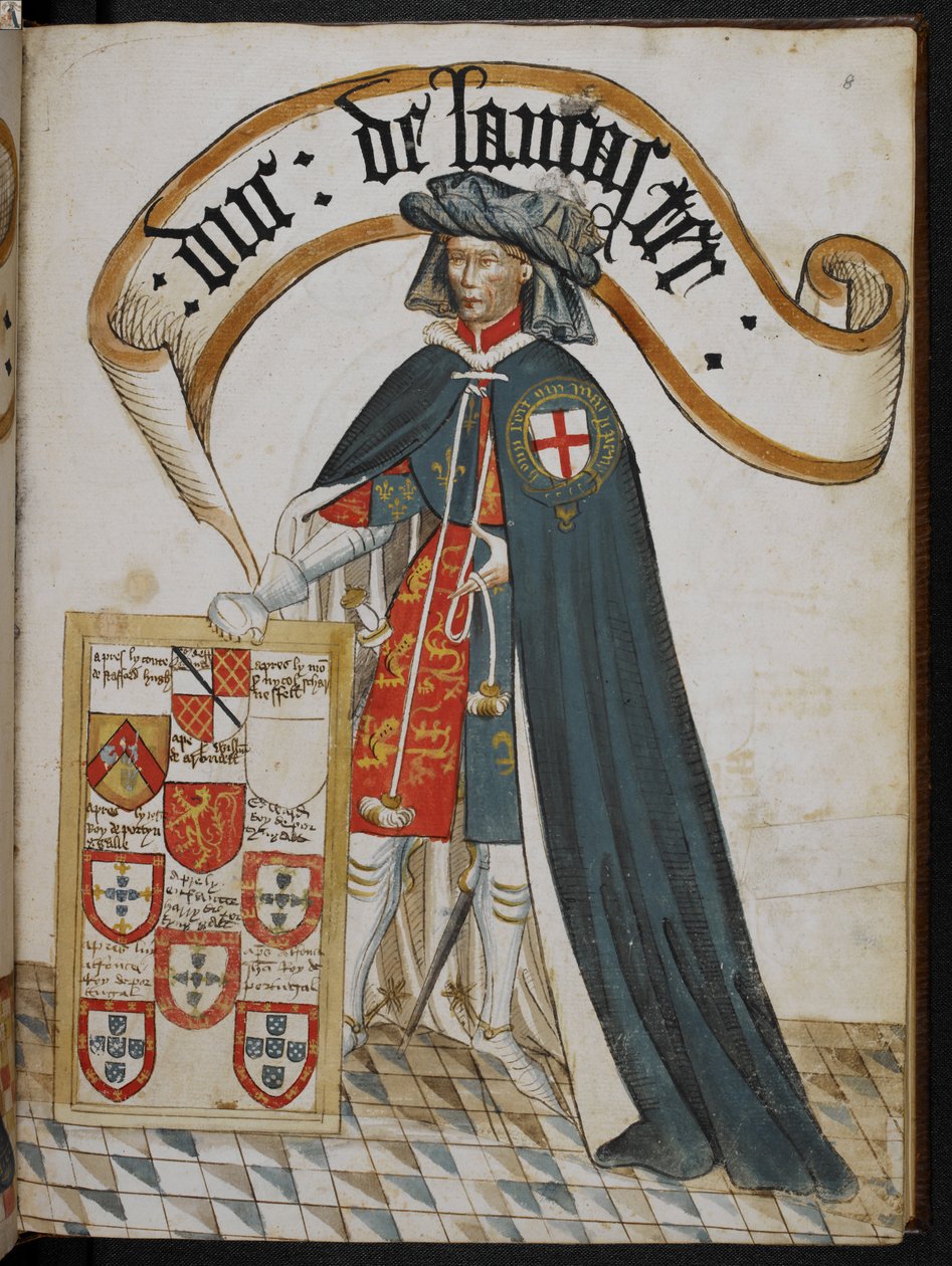 Stowe 594 f.8, Retrato de Henrique, Duque de Lancaster, um Cavaleiro Fundador da Ordem da Jarreteira, ilustração do 