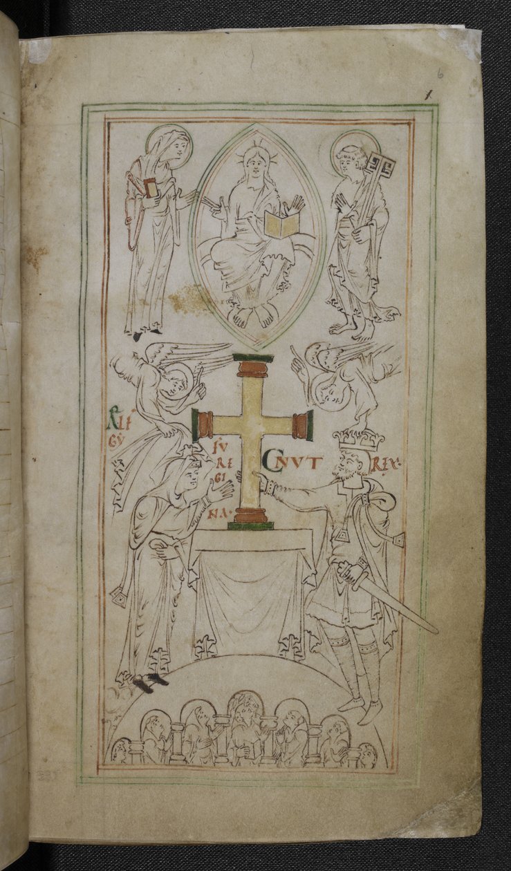Stowe 944 f.6 King Cnut and his Queen, Aelfgyfu, apresentando uma cruz sobre o altar do Novo Ministro, 