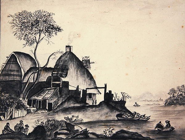 Straights Settlement, Cingapura (caneta e tinta sobre papel) de English School