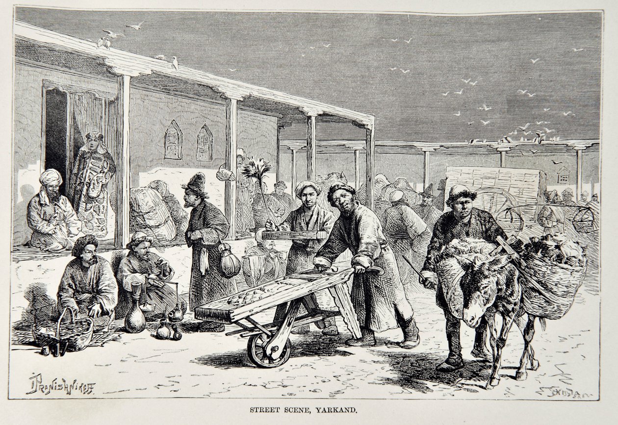 Cena de rua, Yarkand, ilustração da Geografia Universal, a Terra e seus habitantes por Elisee Reclus, publicada em 1878 de English School