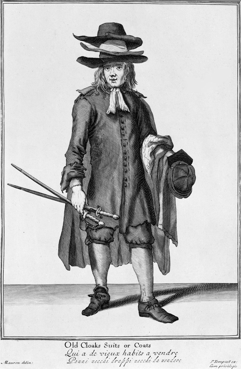 Vendedor de rua vendendo velhos mantos, ternos e casacos, 1666 de English School