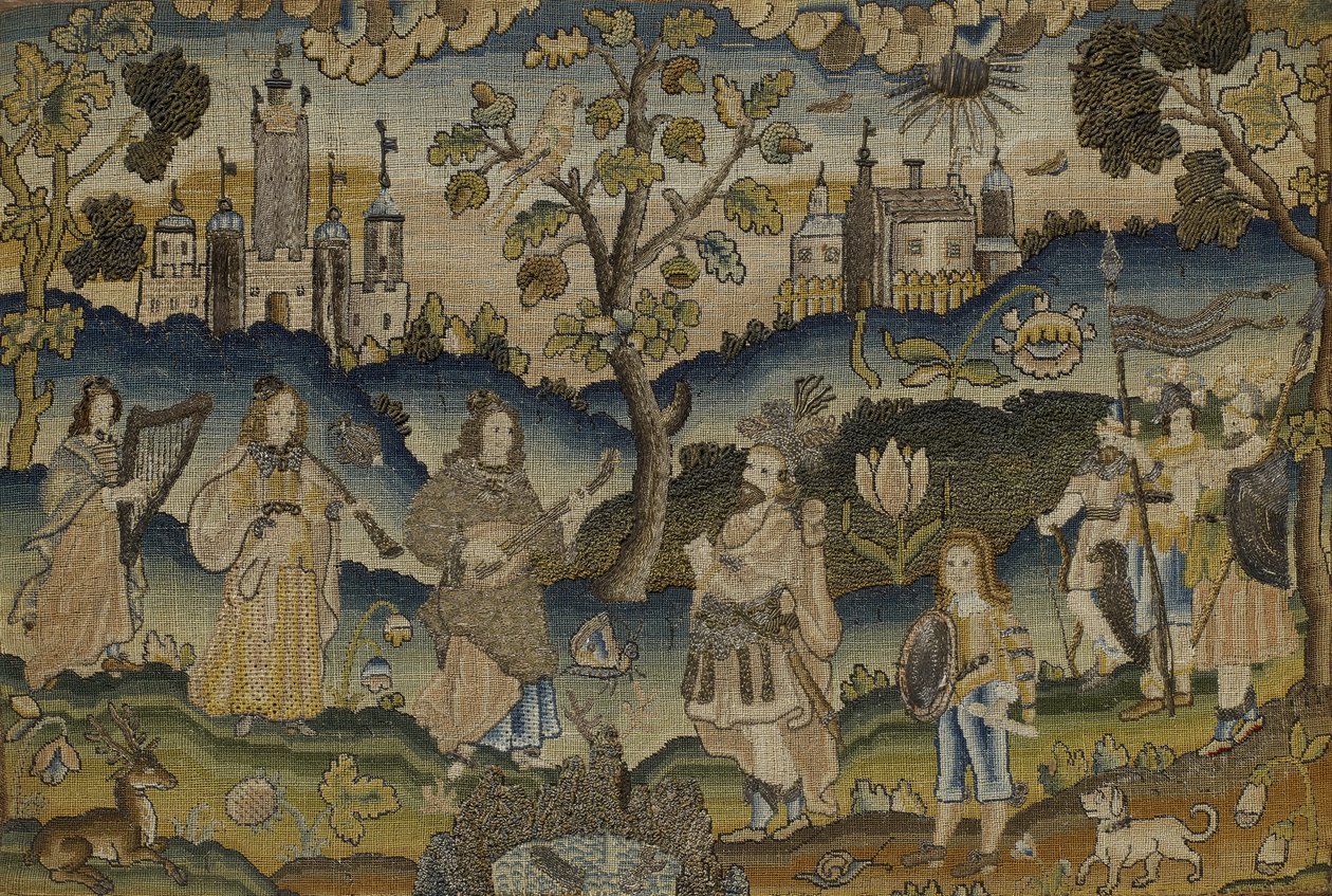 Stumpwork com cena de cinco músicos no jardim com árvore, meados do século XVII (tecido) de English School