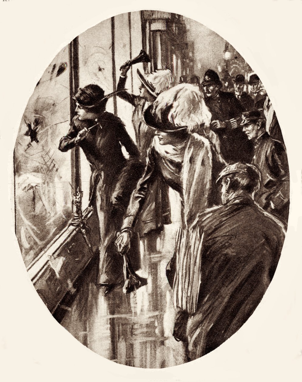 Sufragistas - desenho de mulheres a partir montras em Londres, março de 1912 (gravura) de English School