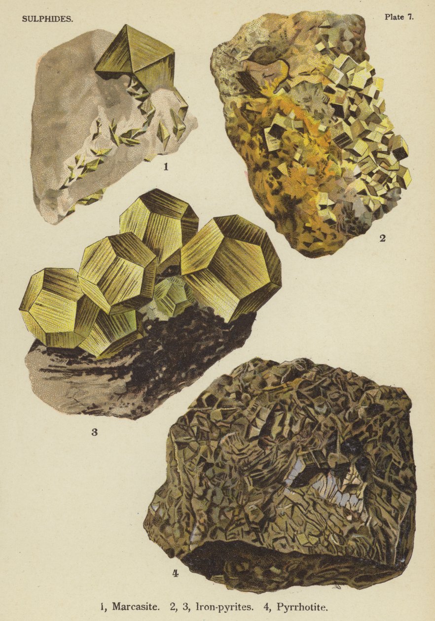 Sulfuretos, marcassite, pirite férrica, pirrotite (litografia a cores) de English School