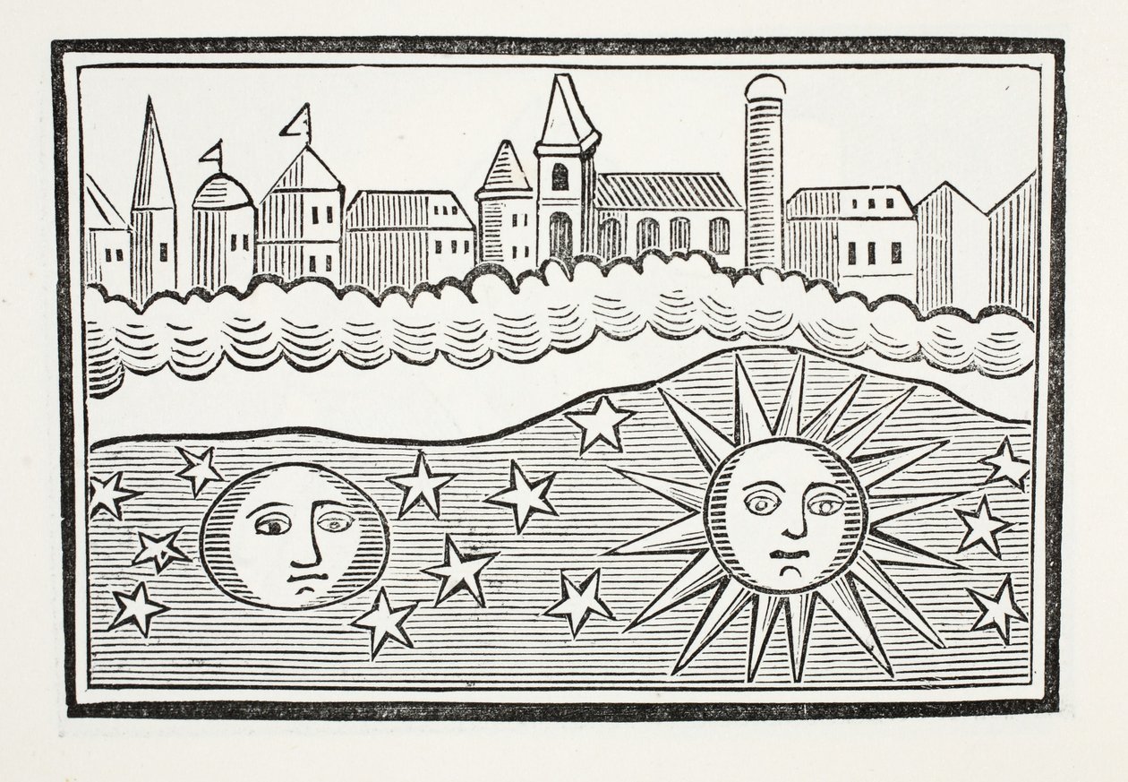 Sun, lua, estrelas e terra transporam, ilustração dos Chapu-livros do século XVIII por John Ashton, bar. 1882 de English School