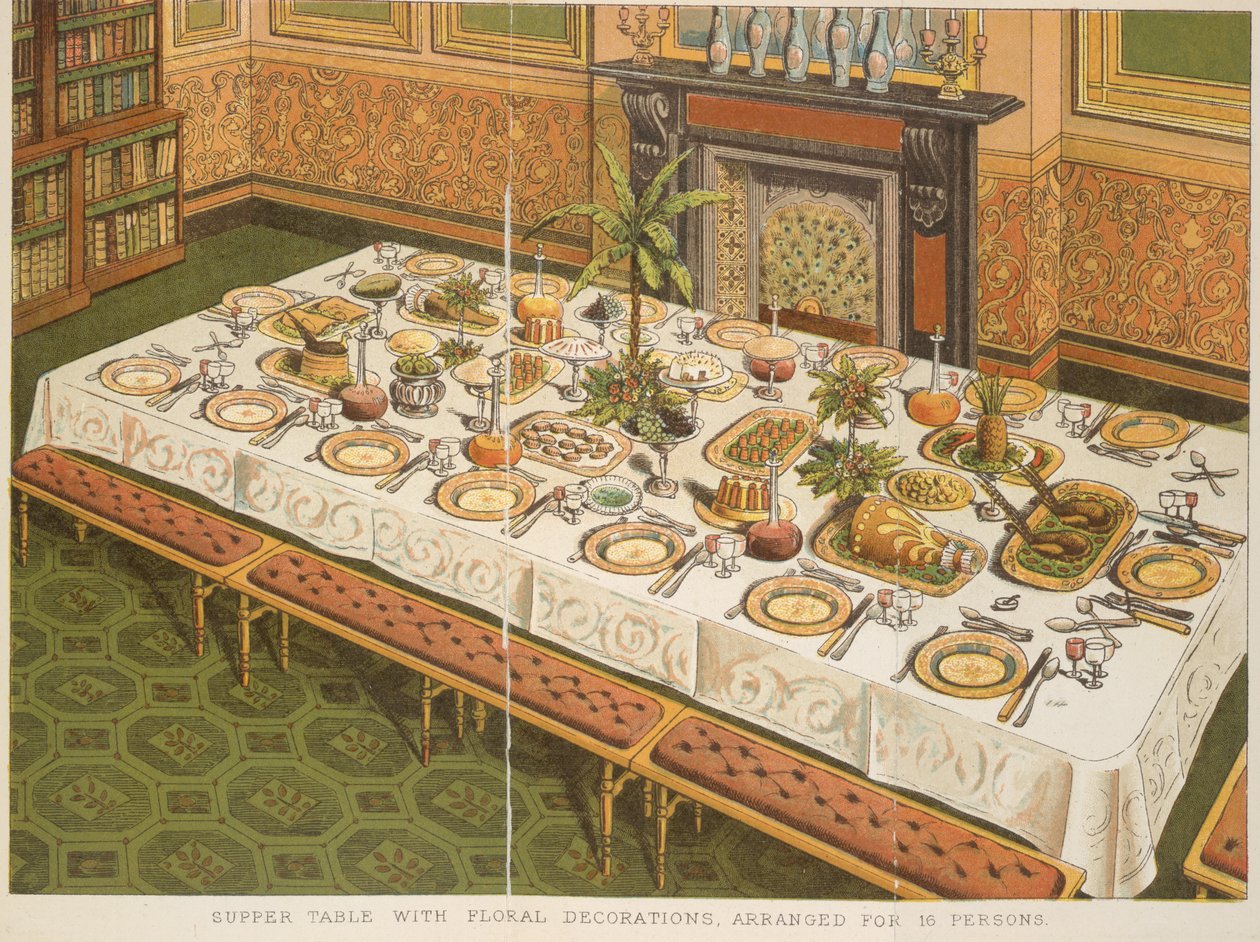 Mesa de Ceia com Decorações Florais, Arranjada para 16 Pessoas, do 
