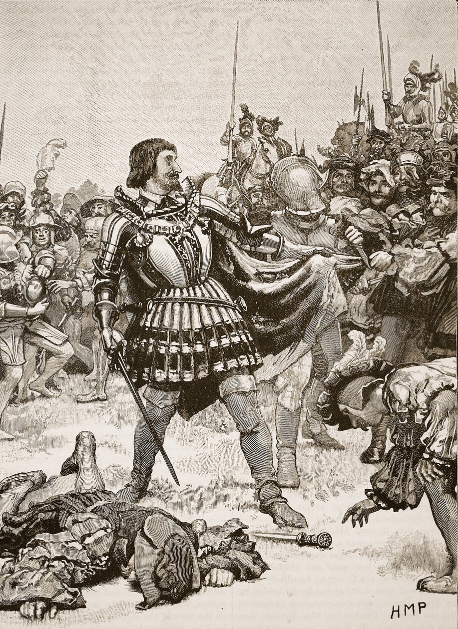 Rendição de Francis no campo de batalha de Pavia, ilustração de História ilustrada de Cassells da Inglaterra (foto sépia) de English School