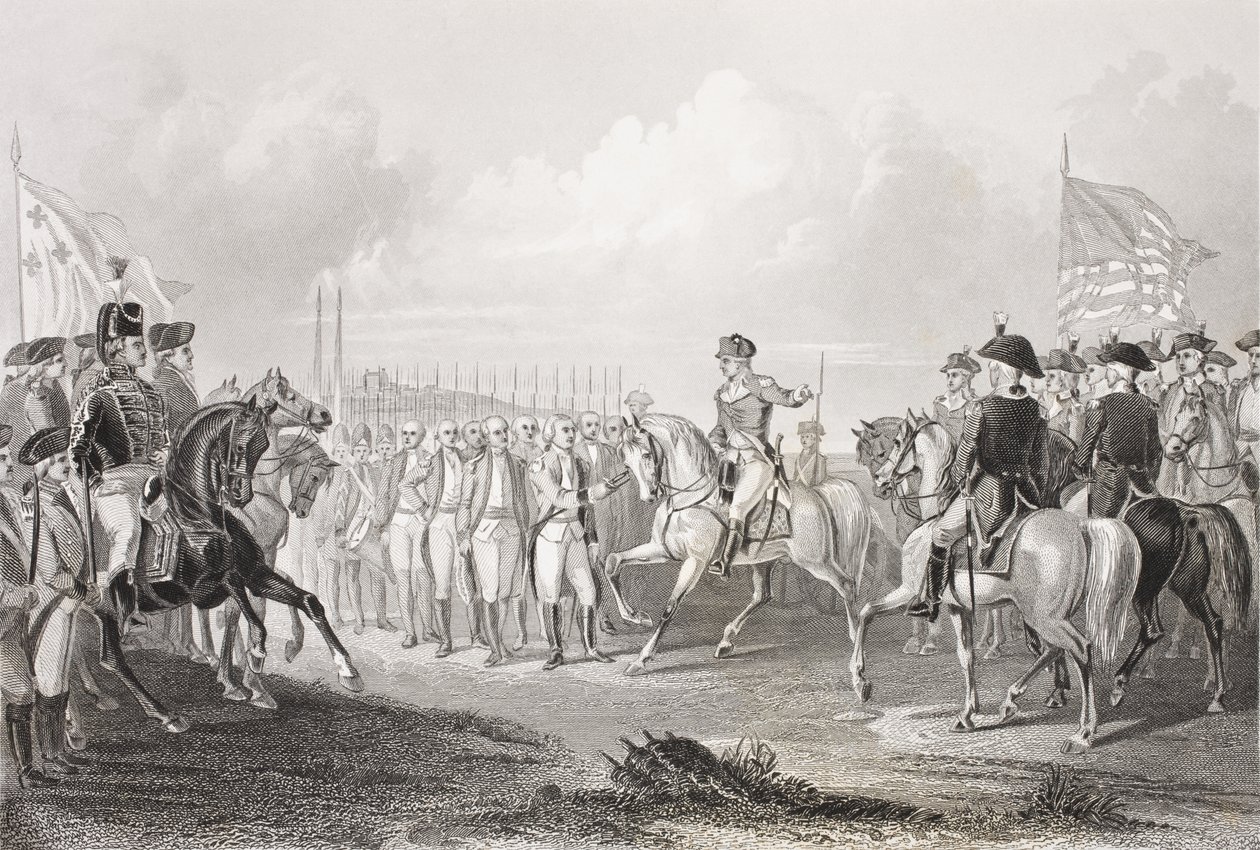 Rendição de Lord Cornwallis em York Town, Virgínia, 19 de outubro de 1781, da "Galeria de Retratos Históricos", publicada em 1880 de English School