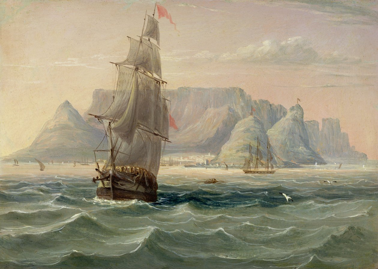 Montanha da Mesa, Cidade do Cabo, do Mar, 1820 (óleo no cartão) de English School