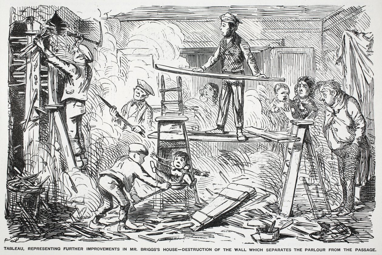 Tableau, representando novas melhorias para a casa de Mr. Briggss - destruição do muro que separa a sala da passagem, ilustração de Punch de English School