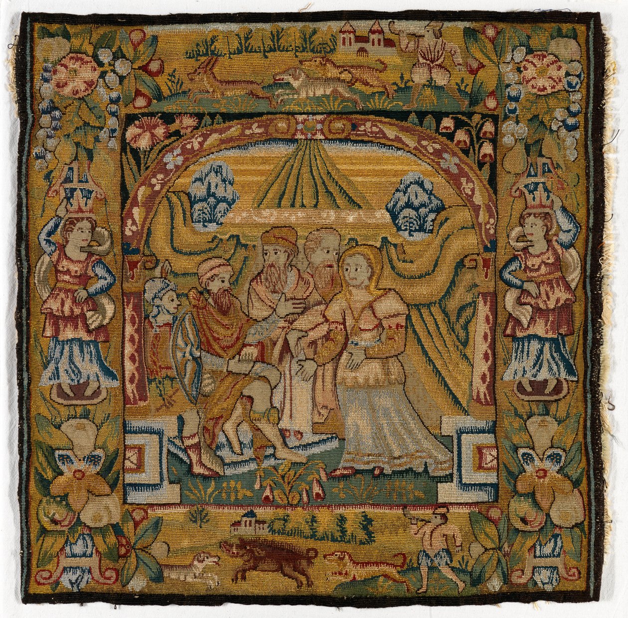 Almofada de tapeçaria representando Susannah perante o juiz, fabricada em Sheldon, Inglaterra, depois de 1600 (lã) de English School