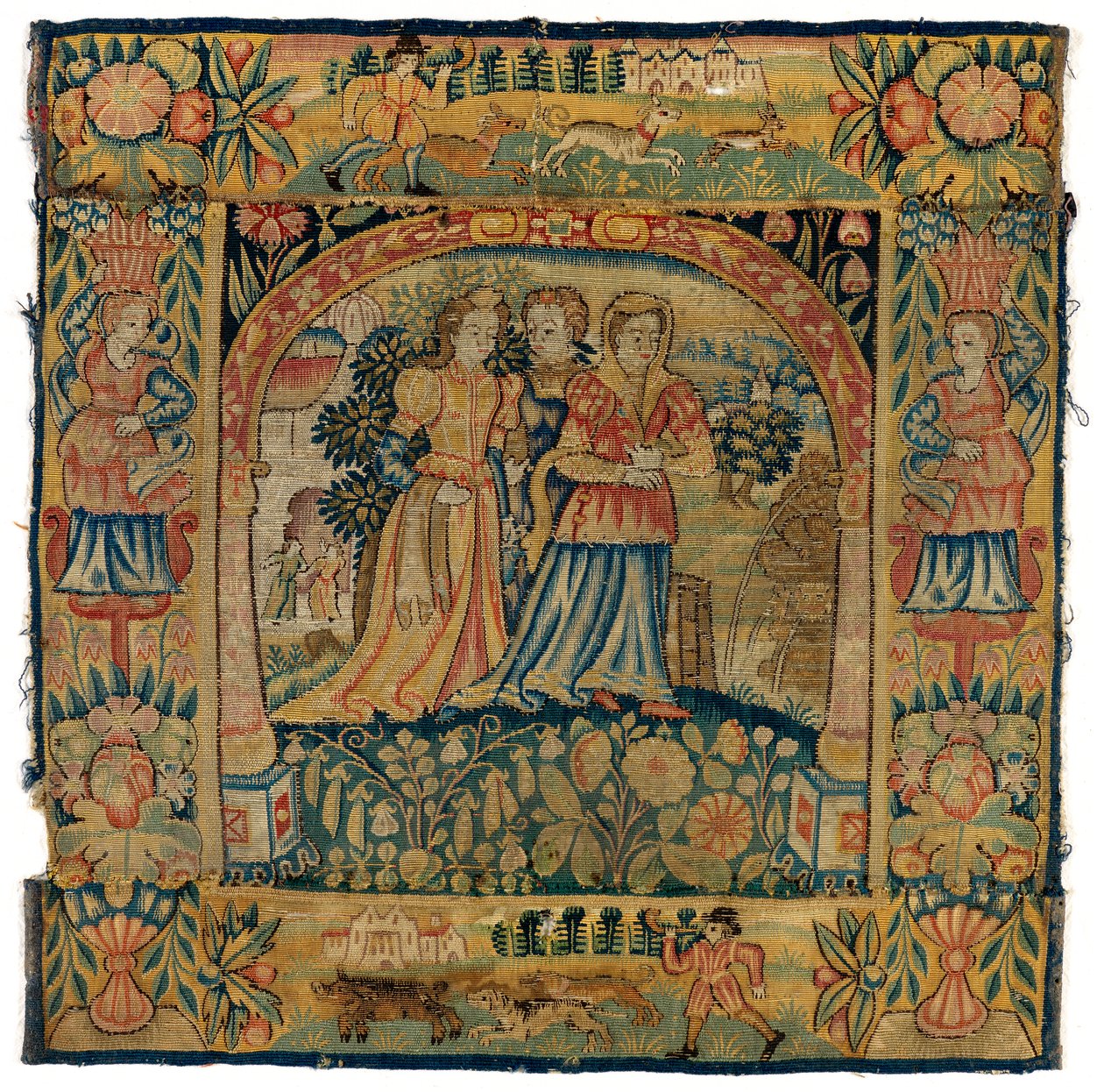 Capa de almofada em tapeçaria representando Susannah a caminho do banho, fabricada em Sheldon, Inglaterra, depois de 1600 (lã) de English School