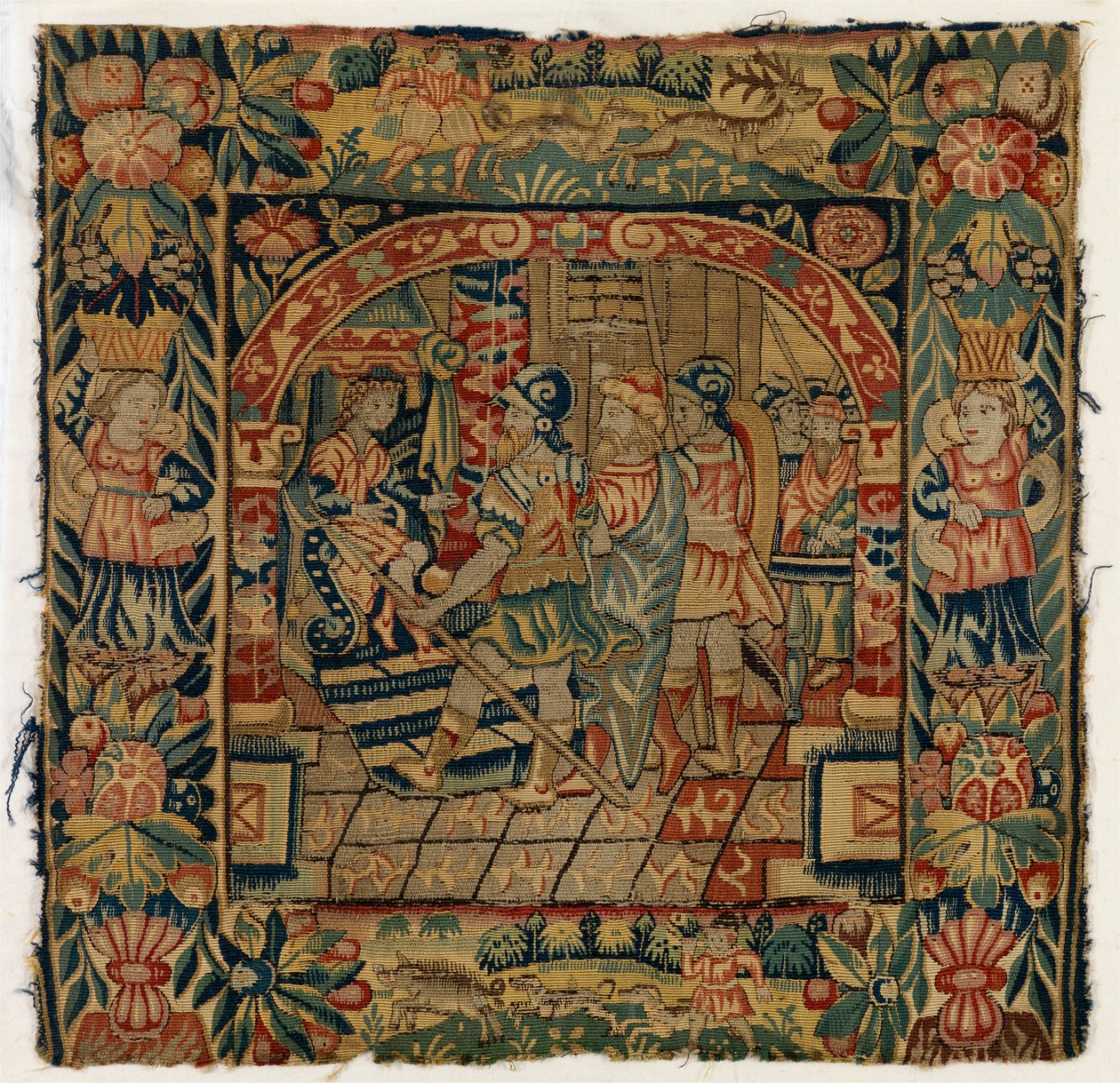 Almofada de tapeçaria representando Os Anciãos diante de Daniel, fabricada em Sheldon, Inglaterra, depois de 1600 (lã) de English School
