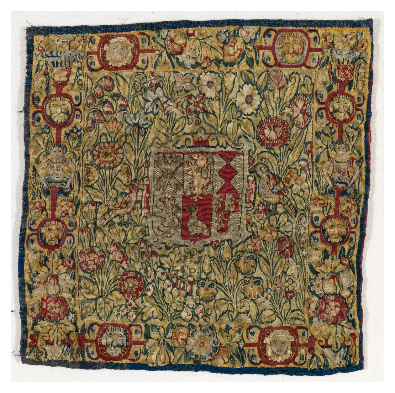 Almofada de tapeçaria representando as armas de Sacheverell, fabricada em Sheldon, Inglaterra, depois de 1600 (lã e seda) de English School