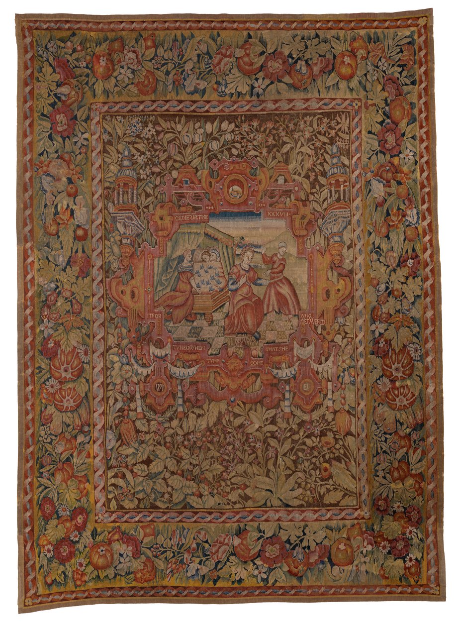 Tapeçaria pendurada no conjunto de Chastleton House, nascimento de Pharez e Zarah, os filhos de Judá e Tamas, do Génesis XXXVIII, feita em Sheldon, Inglaterra, c.1595 (lã) de English School