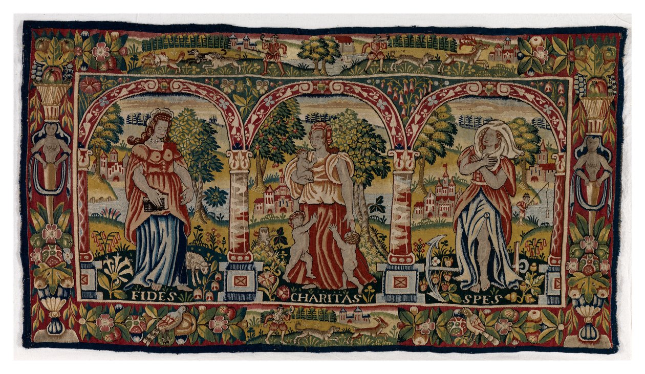 Almofada comprida em tapeçaria representando a Fé, a Esperança e a Caridade, fabricada em Sheldon, Inglaterra, finais do século XVI (lã) de English School