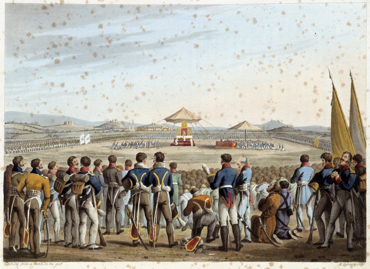 Te deum no campo de batalha em "Historical, military and naval anecdotes and incidents that arrived at the arms of Britain and their allies, ending at Waterloo" de Edward Orme. Ilustrado por Fry, Sutherland, Clark, Dubourg, W.Heart, JA, Atkinson... Ed. 181 de English School