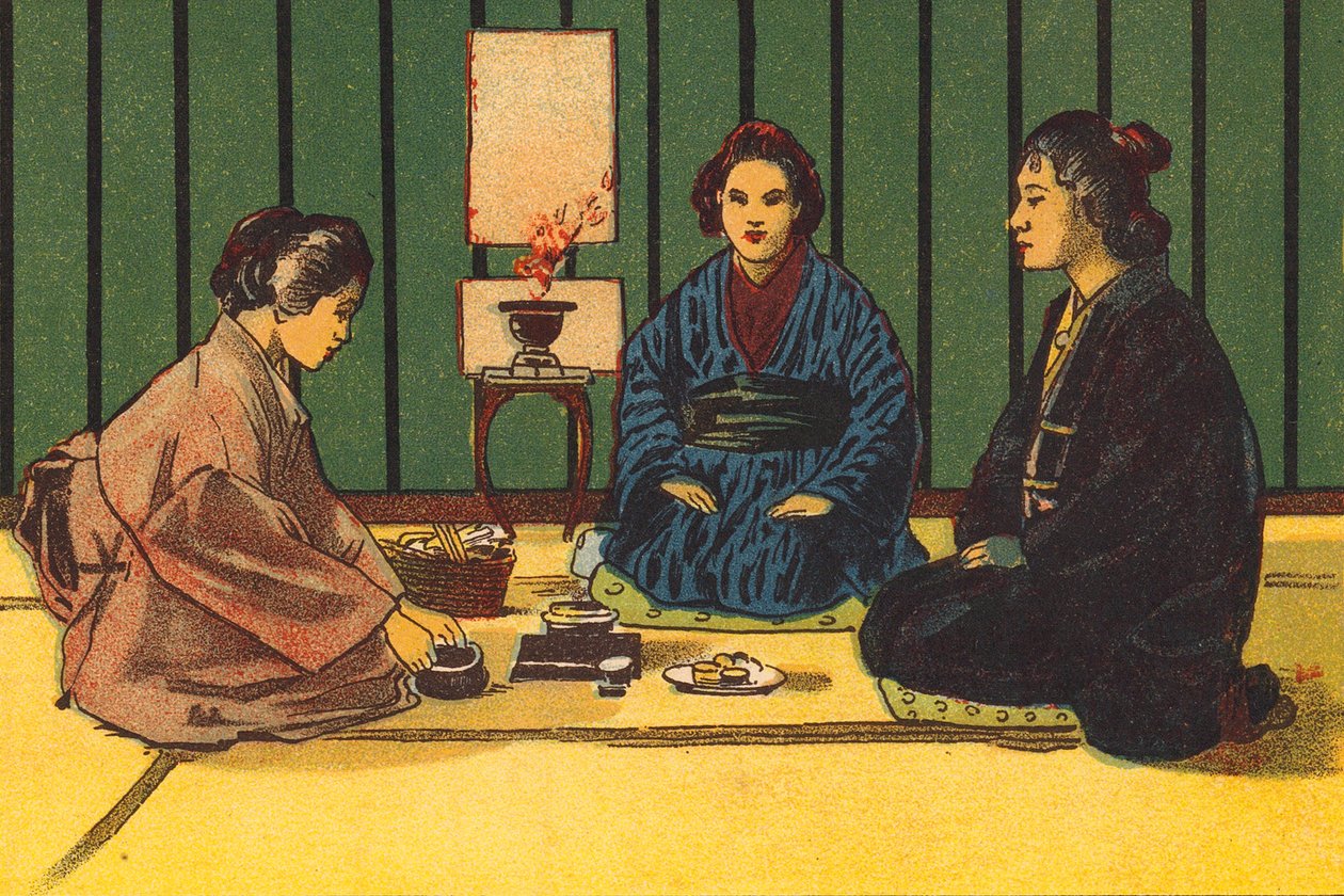 Cerimónia de beber chá, Japão (litografia a cores) de English School