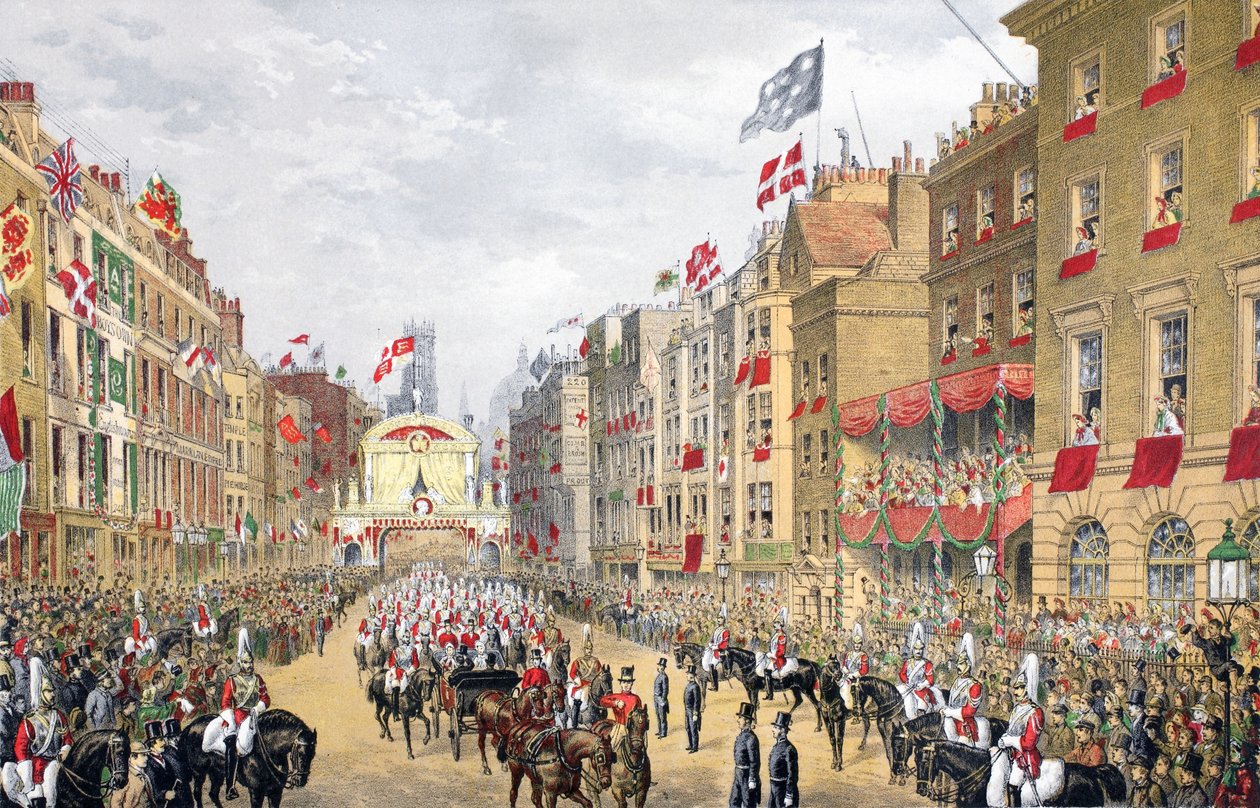 Temple Bar, 7 de março de 1863, de Um Memorial do Casamento de Eduardo VII e Alexandra da Dinamarca, pub. 1864 de English School