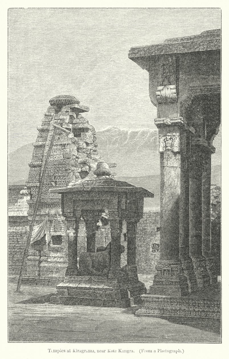 Templos em Kiragrama, perto de Kote Kangra (gravura) de English School