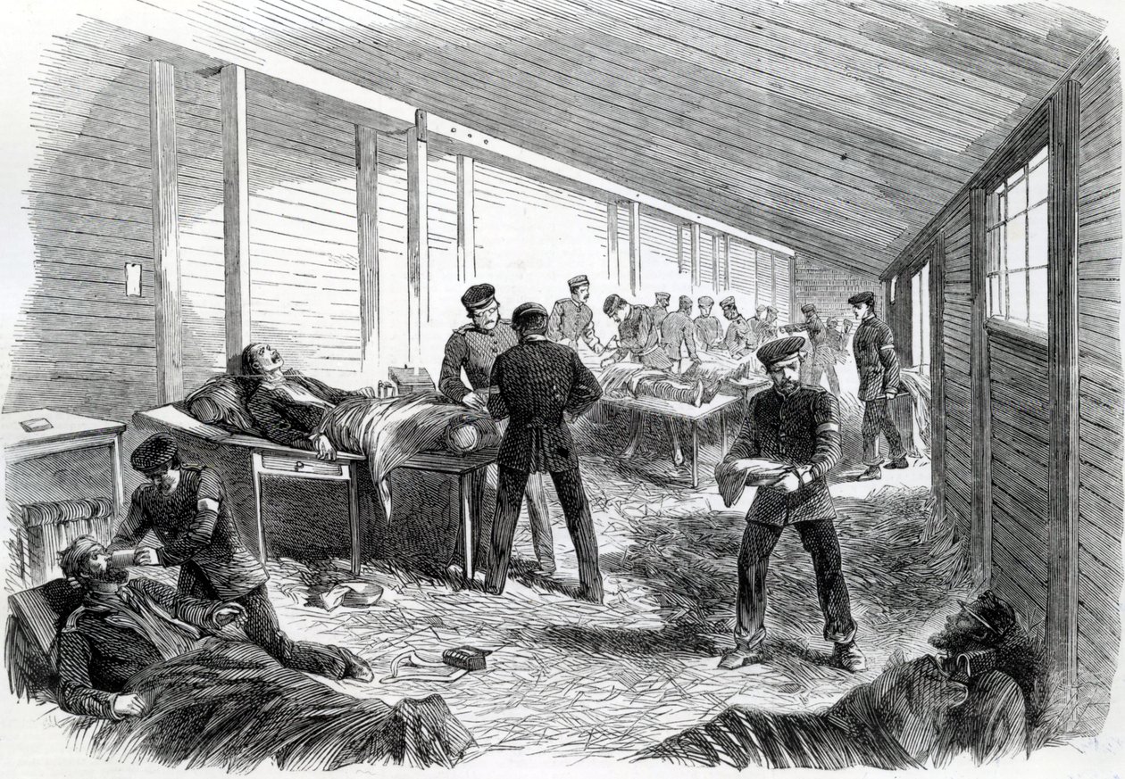Hospital de campo temporário atrás do segundo paralelo prussiano em Dueppel, 1864 de English School