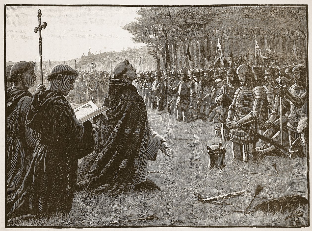 Ação de Graças do Exército Inglês após a Batalha de Agincourt, 25 de outubro de 1415, ilustração da História Ilustrada de Cassells da Inglaterra (foto sépia) de English School