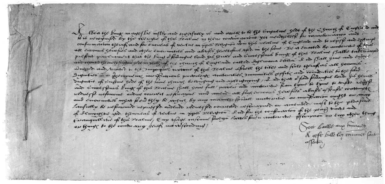 O ato de supremacia reconhecendo Henrique VIII como chefe da Igreja da Inglaterra, 1534 (tinta no papel) de English School