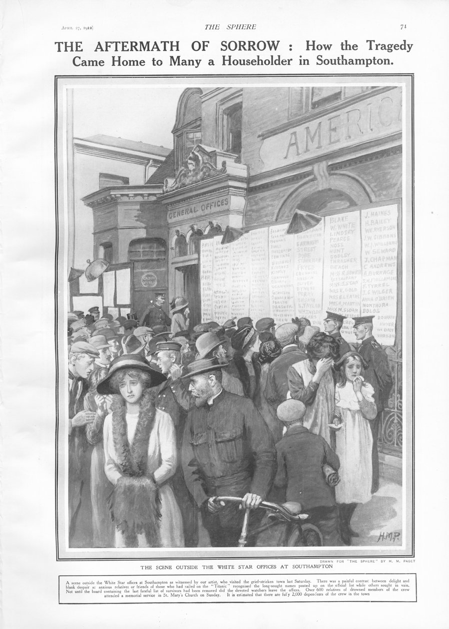 The Aftermath of Sorrow: Como a tragédia chegou a muitos lares em Southampton, em The Sphere, 27 de abril de 1912 de English School