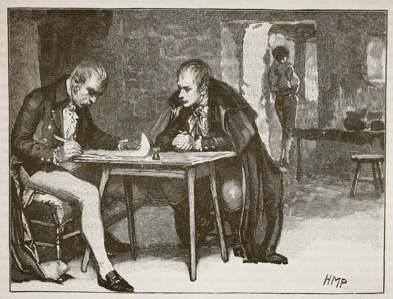 Os agentes da Grã-Bretanha e da Suécia, assinando o tratado contra Napoleão, ilustração da história ilustrada de Cassells da Inglaterra (foto sépia) de English School
