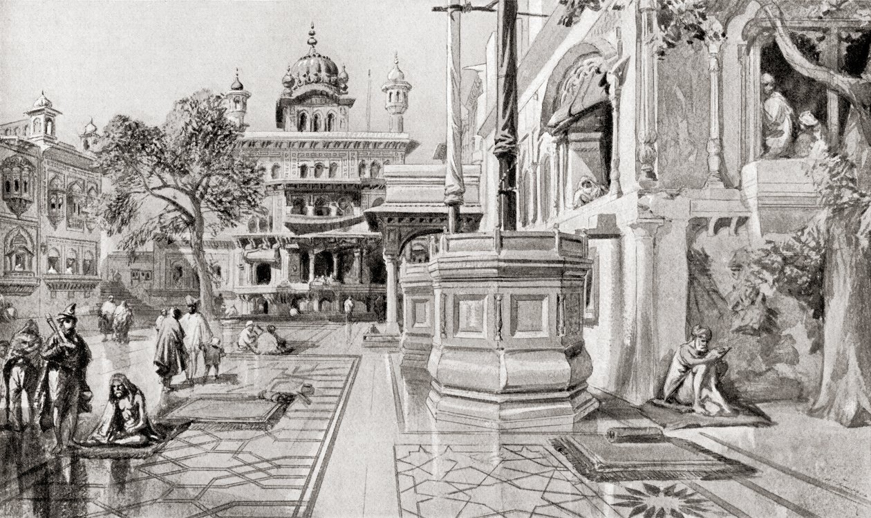 O complexo de Akal Takht ou Akal Bunga, Harmandir Sahib (Templo Dourado), Amritsar, Punjab, Índia, em 1864, da History of the Nations de Hutchinson, pub.1915 de English School