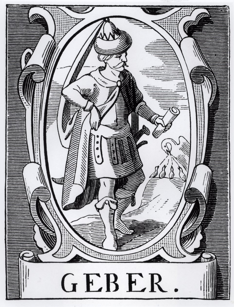 A ilustração do Alquimista Geber (século XIV) da Ciência e Literatura da Idade Média e do Renascimento, escrita e gravada por Paul Lacroix, 1878 de English School
