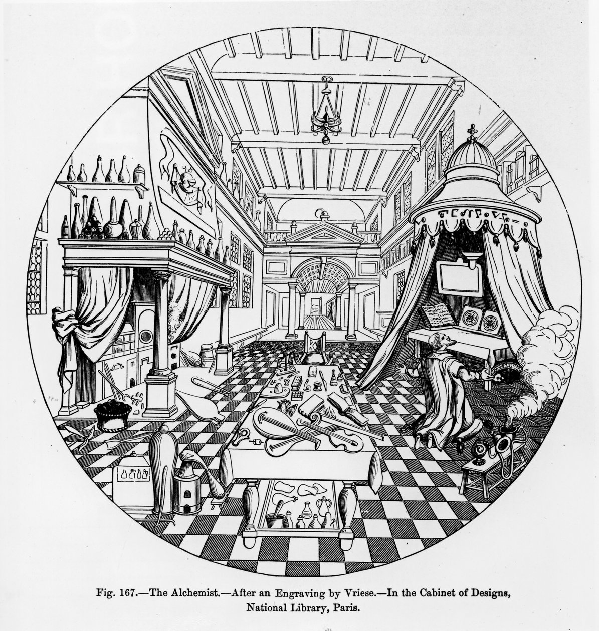 O Alquimista, depois de uma gravura de Vriese, ilustração da Ciência e Literatura da Idade Média e do Renascimento, escrita e gravada por Paul Lacroix, 1878 de English School
