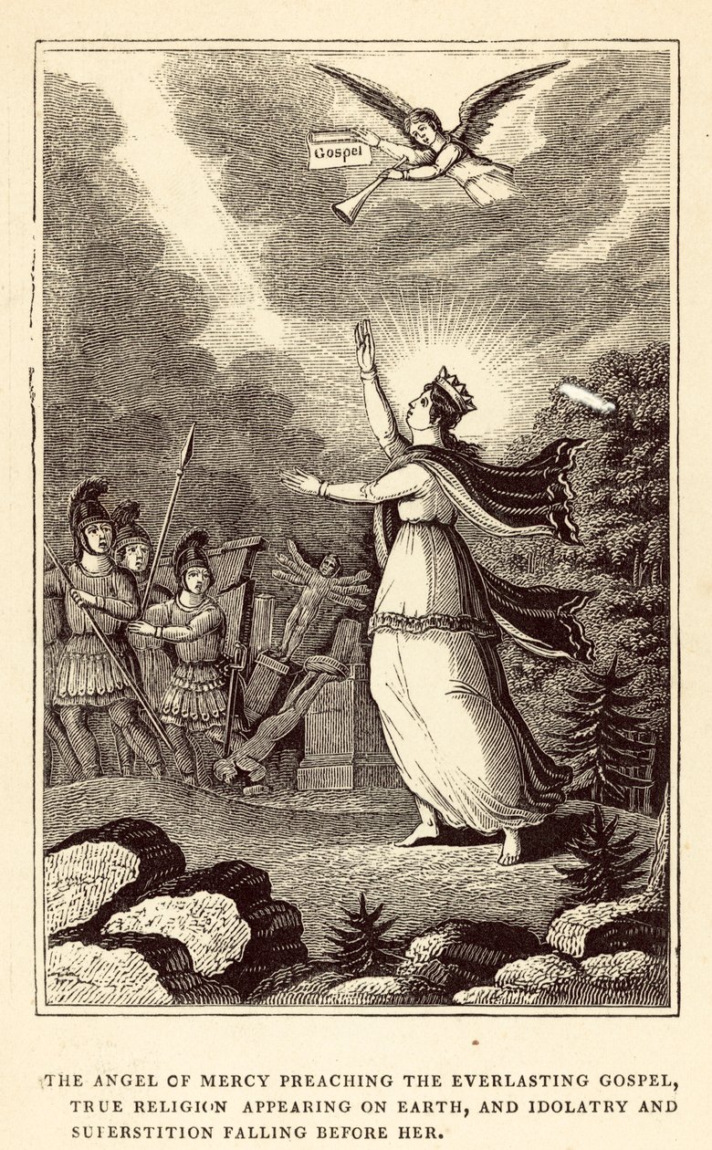 O Anjo da Misericórdia pregando o Evangelho Eterno, a Verdadeira Religião aparecendo na Terra (gravura) de English School