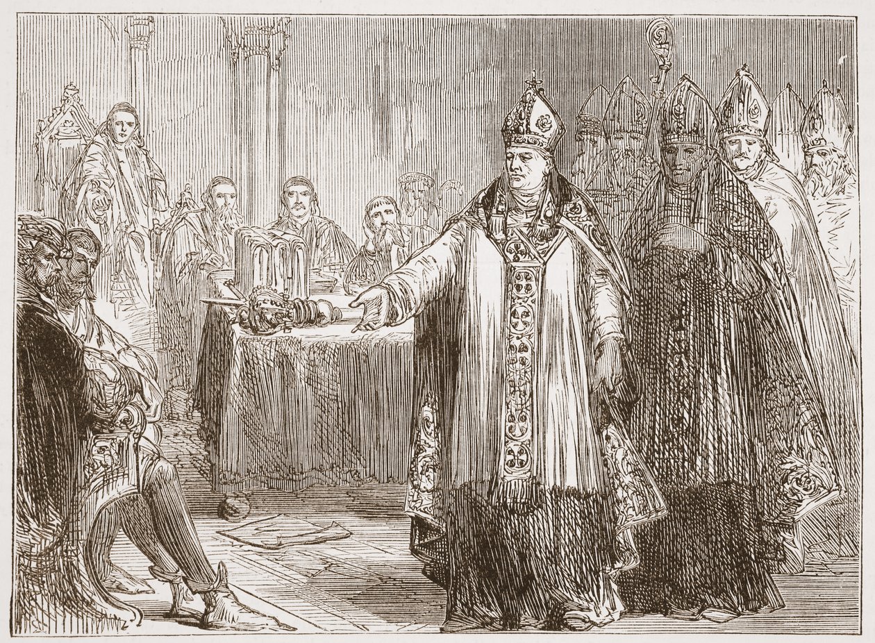 Os arcebispos de York e Canterbury antes do parlamento na abadia de Westminster, ilustração da história do protestantismo por James Aitken Wylie (1808-1890), bar. 1878 de English School