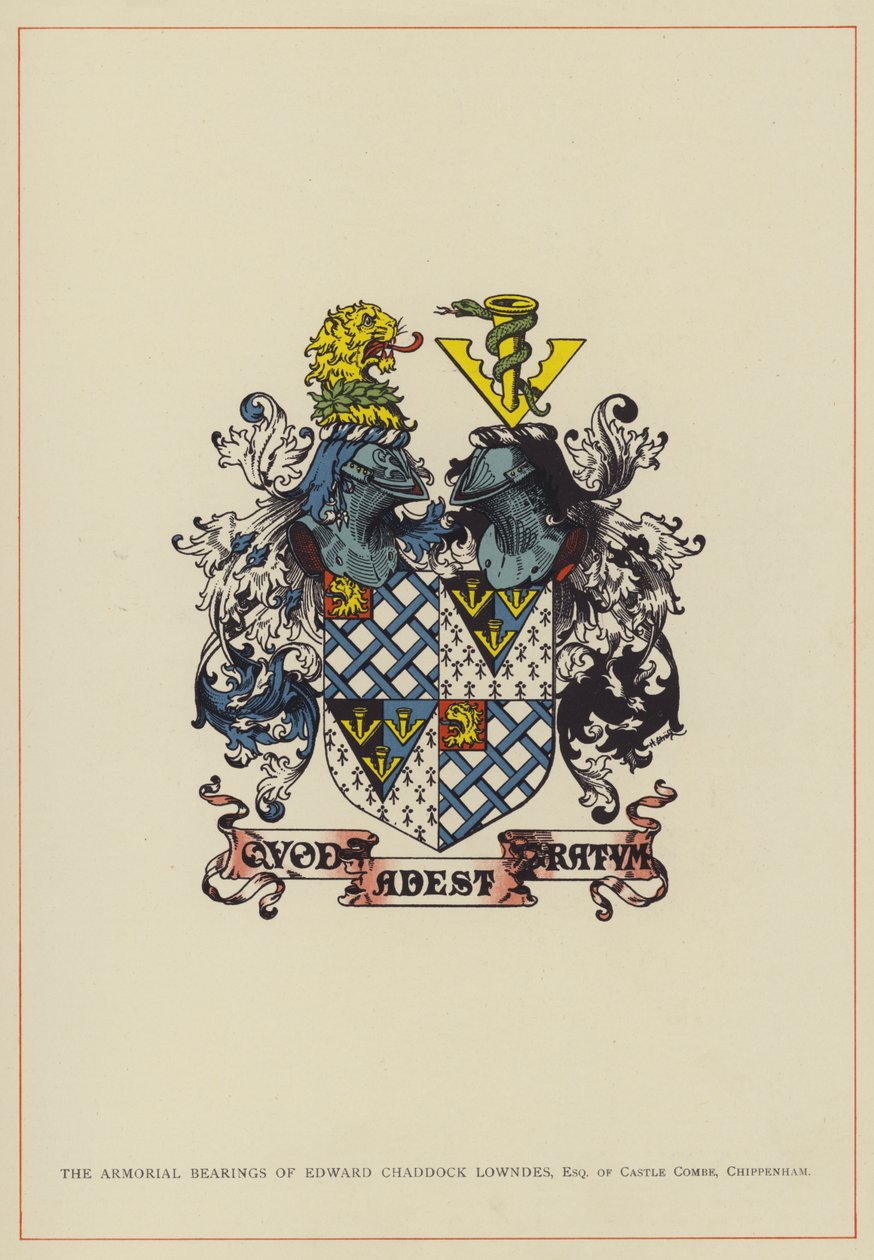 O brasão de armas de Edward Chaddock Lowndes, escudeiro de Castle Combe, Chippenham (litografia a cores) de English School