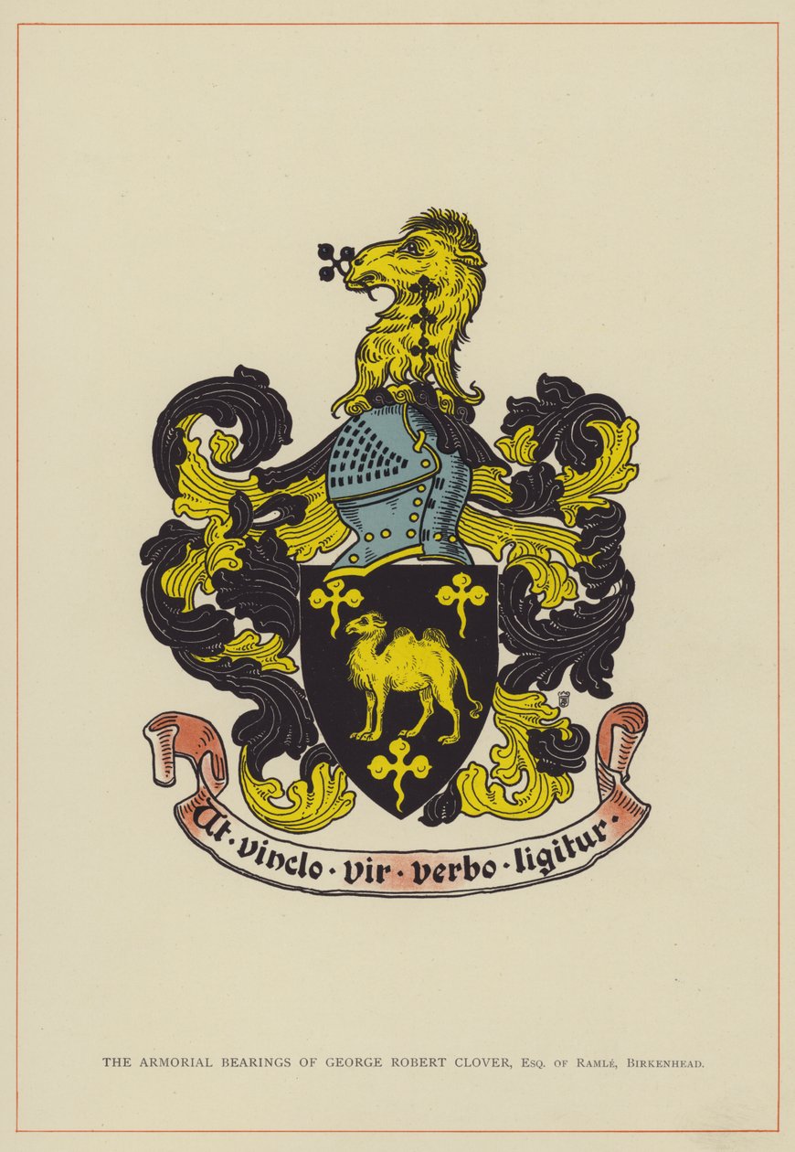 O brasão de armas de George Robert Clover, escudeiro de Ramle, Birkenhead (litografia a cores) de English School