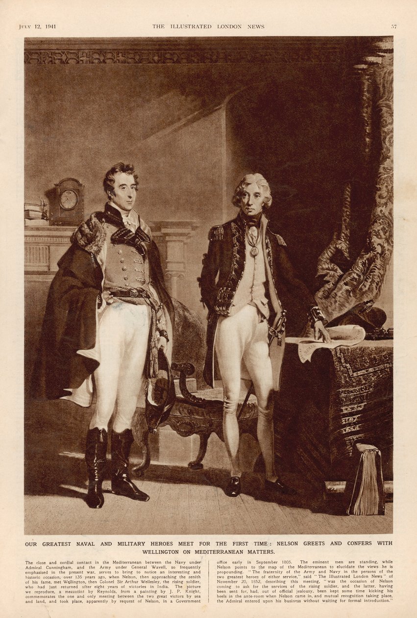 O Exército e a Marinha: Uma Entrevista entre Arthur Wellesley (1769-1852) Duque de Wellington e Lorde Horatio Nelson (1758-1805) do The London Illustrated News, 12 de julho de 1941 de English School