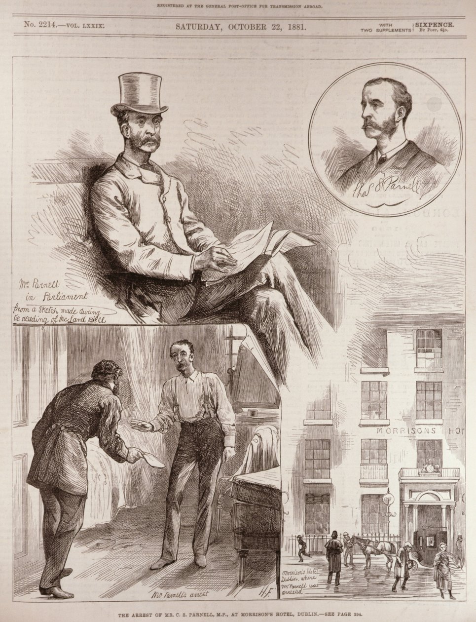 A prisão do Sr. CS Parnell, MP, no Morrison&39;s Hotel, em Dublin, de "The Illustrated London News", 22 de outubro de 1881 de English School