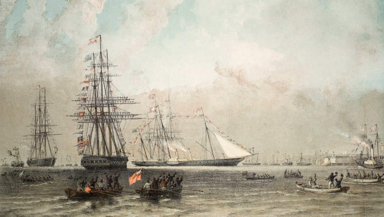 A chegada do iate real fora Gravesend, 7 de março de 1863, de um memorial do casamento de Edward VII e Alexandra da Dinamarca, pub. 1864 de English School