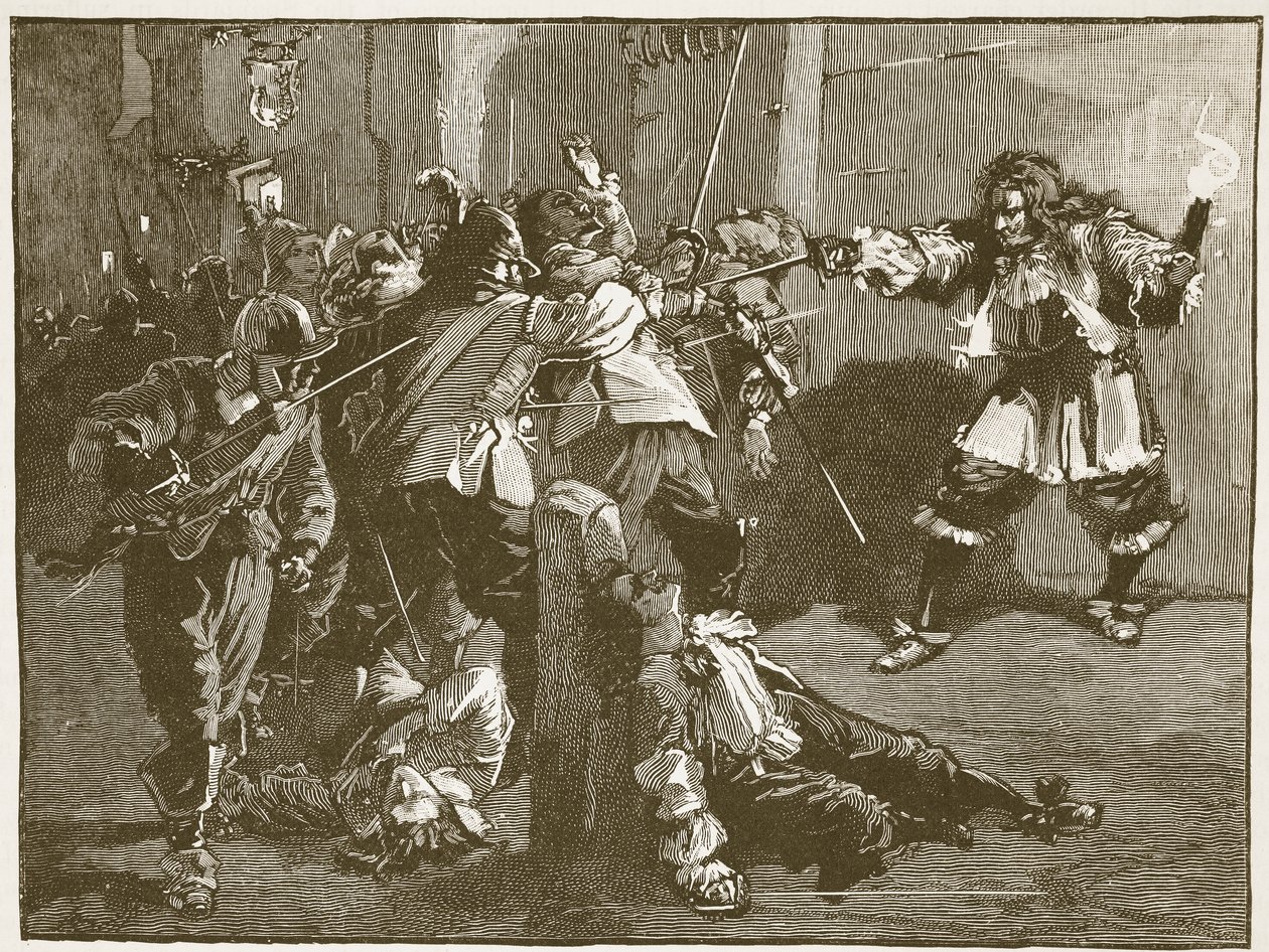 O assalto de John Coventry, ilustração da história ilustrada de Cassells da Inglaterra (foto sépia) de English School