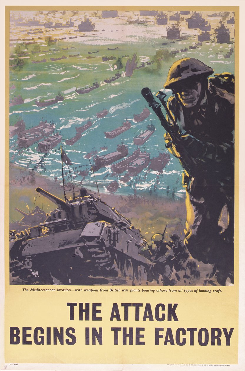 O ataque começa na fábrica, pôster da Segunda Guerra Mundial, 1943 de English School