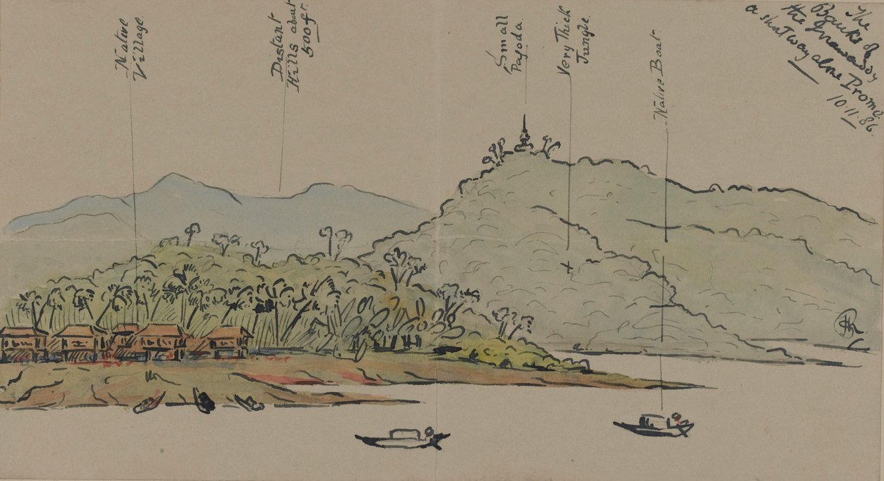 Os bancos do Irrawaddy, Birmânia, 1886 (wc com caneta e tinta no papel) de English School