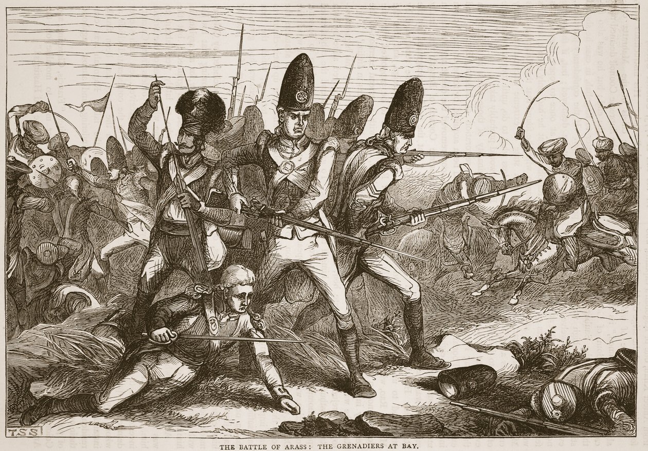 A batalha de Arass: os granadeiros na baía, ilustração da história ilustrada Cassells da Índia por James Grant, bar. 1879 de English School
