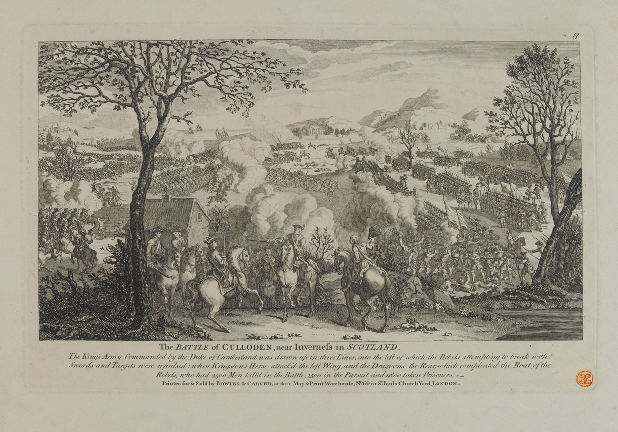 A Batalha de Culloden, perto de Inverness na Escócia, publicada por Bowles and Carver, 1746 de English School
