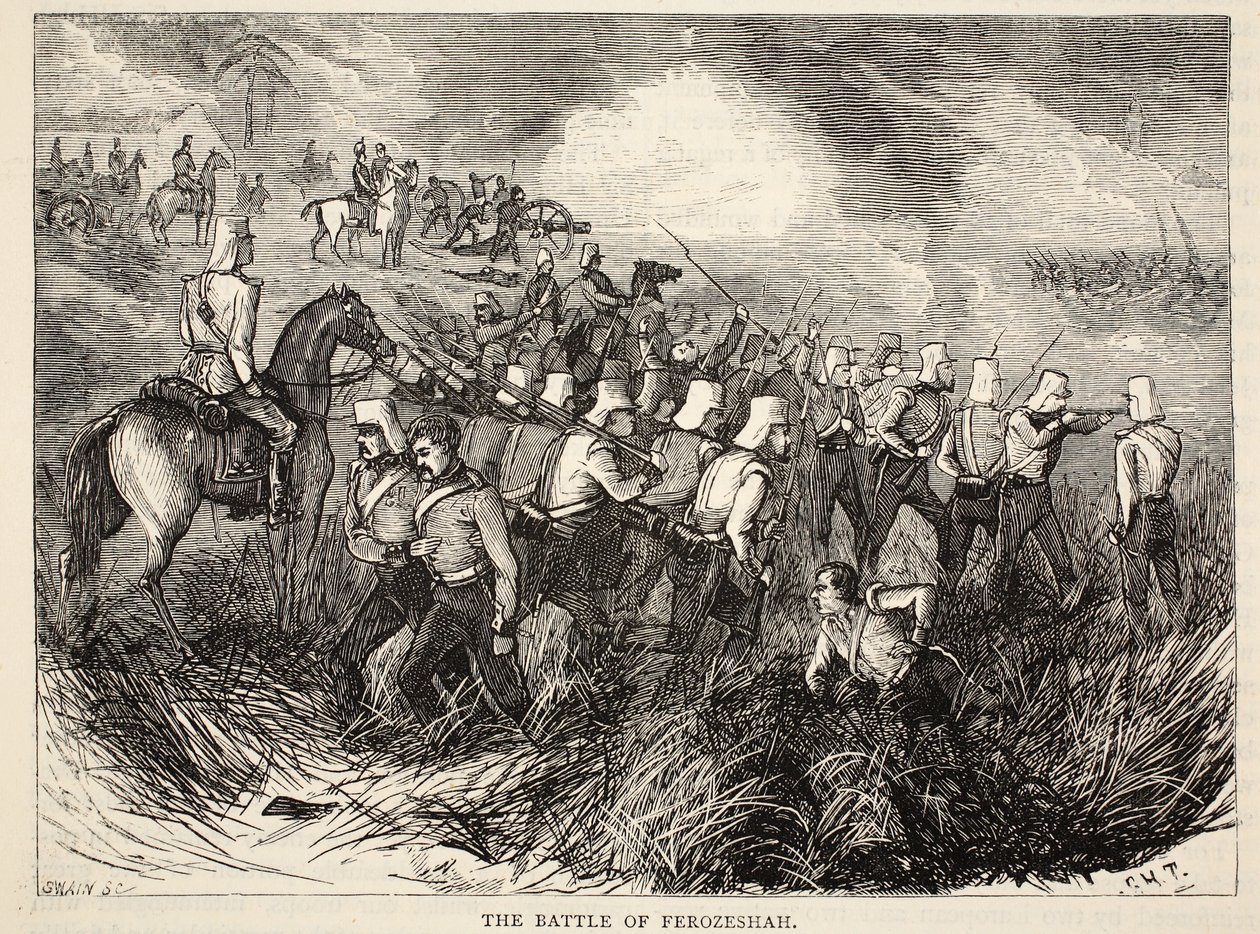 A Batalha de Ferozeshah, ilustração de Cassells Illustrated History of England de English School