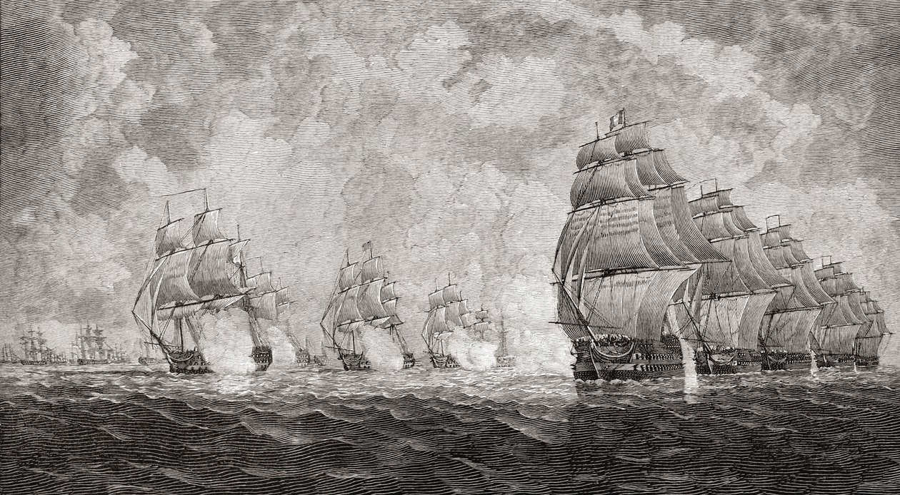 A Batalha de Pulo Aura, 1804, de "Uma Breve História do Povo Inglês", de JR Green, publicada em 1893 de English School