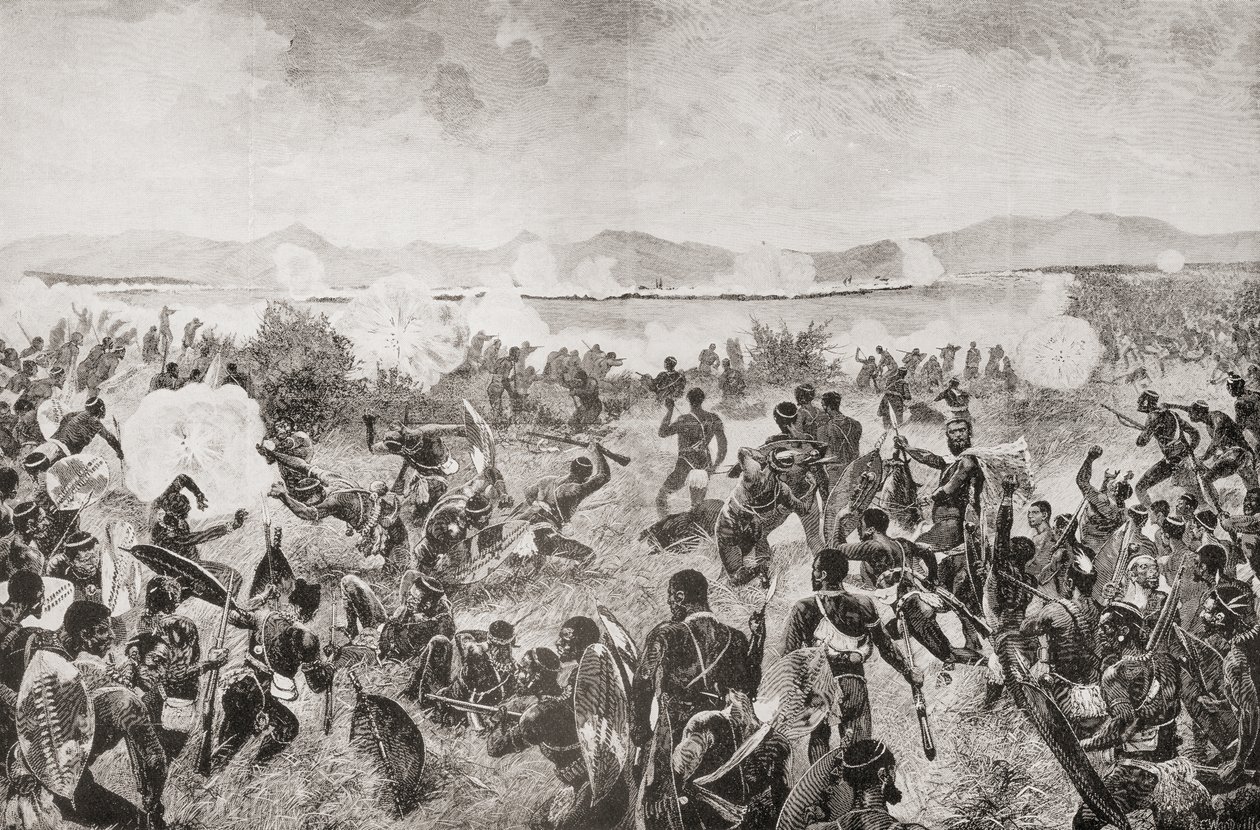 A Batalha de Ulundi em 1879 mostrando a corrida final dos Zulus e a praça britânica ao longe, de "South Africa and the Transvaal War: Vol. 1" de Louis Creswicke, publicado em 1900 (litografia) de English School