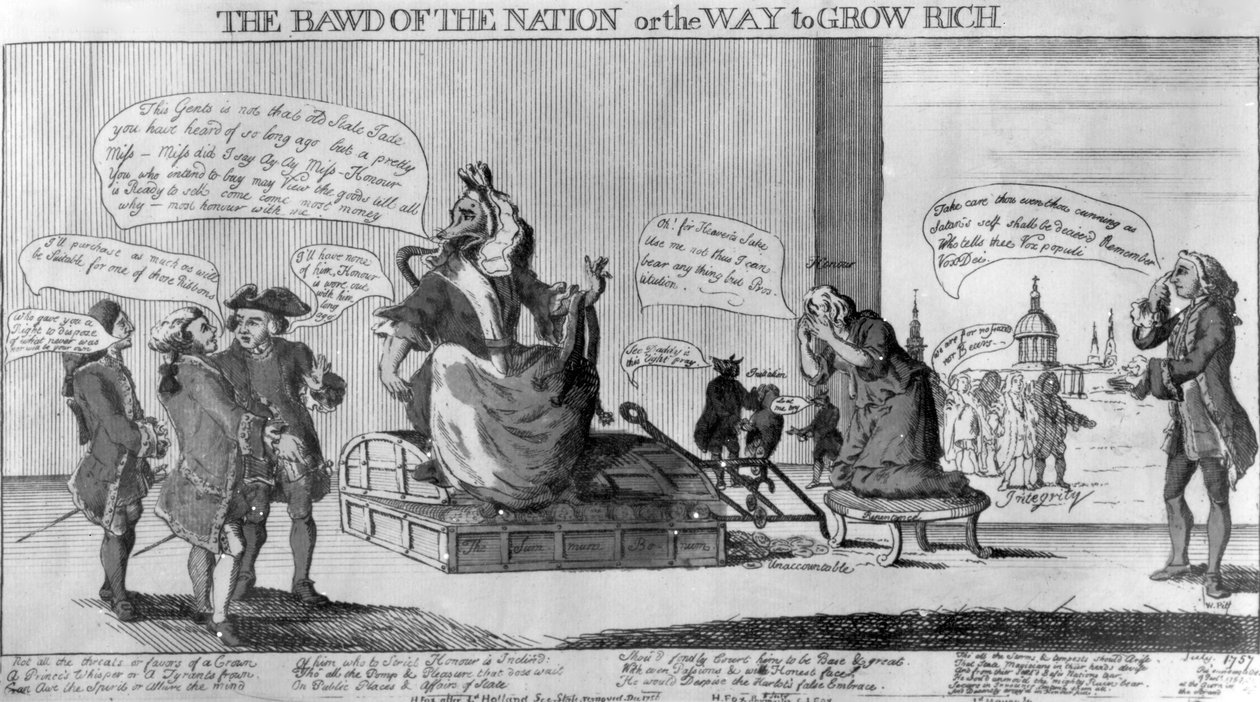 O Bawd da nação, ou o caminho para crescer rico, publicado por Matthew Darly, 1757 de English School